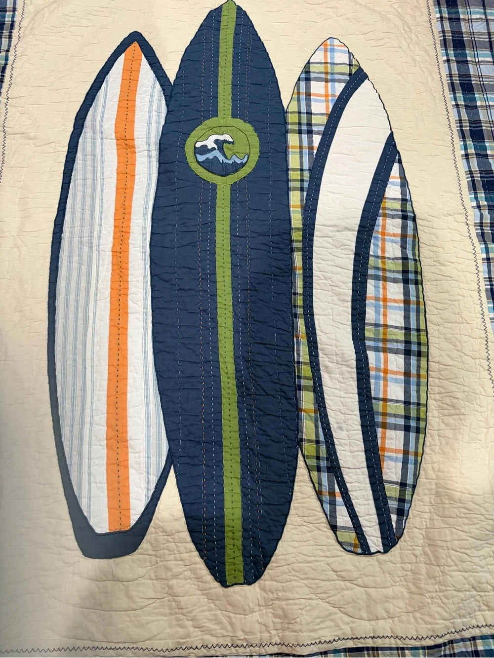Pottery Barn Kids Surf Embroidered Bedspread, Twin Navy  & Cream Surfboard Quilt